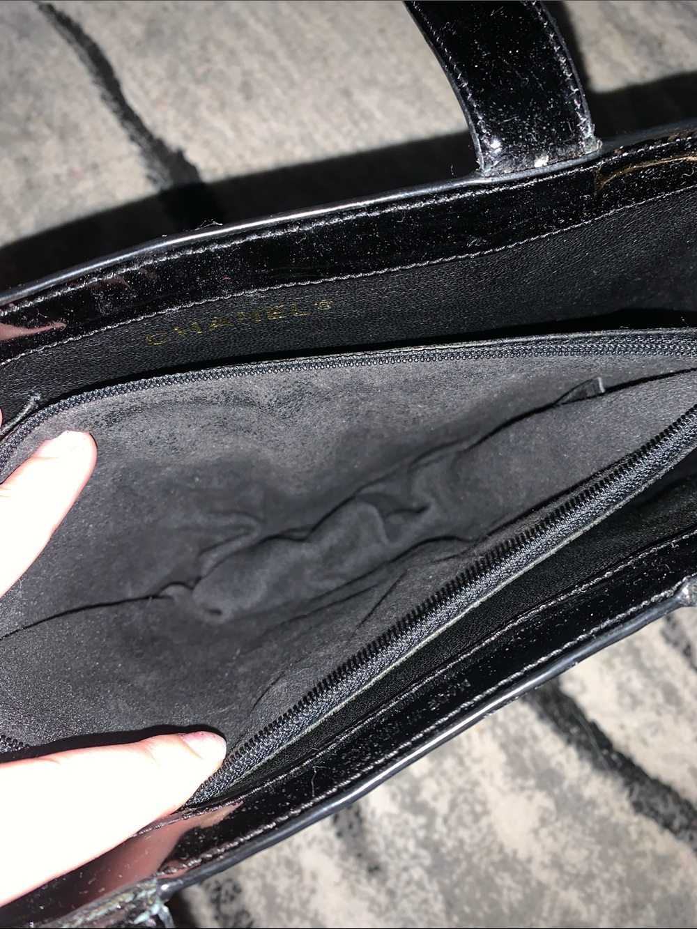 CHANEL Black Patent Embossed Logo Tote - Picture 7 of 10